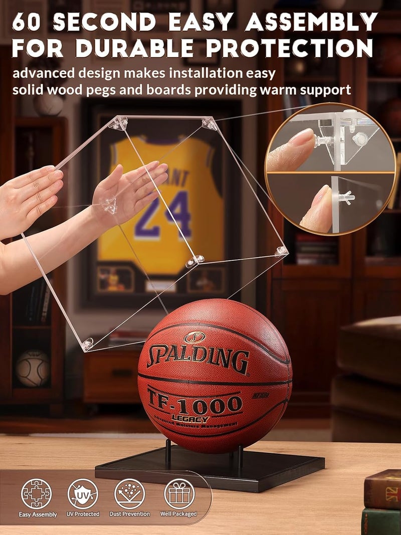 JupDec Basketball Display Case Acrylic Clear 10" Full Size with Solid Wood Base, UV Protected Soccer Display Stand Box for Autographed Standard NBA WNBA Ball Memorabilia Keepsake Ideal Gift, Black - Image 2